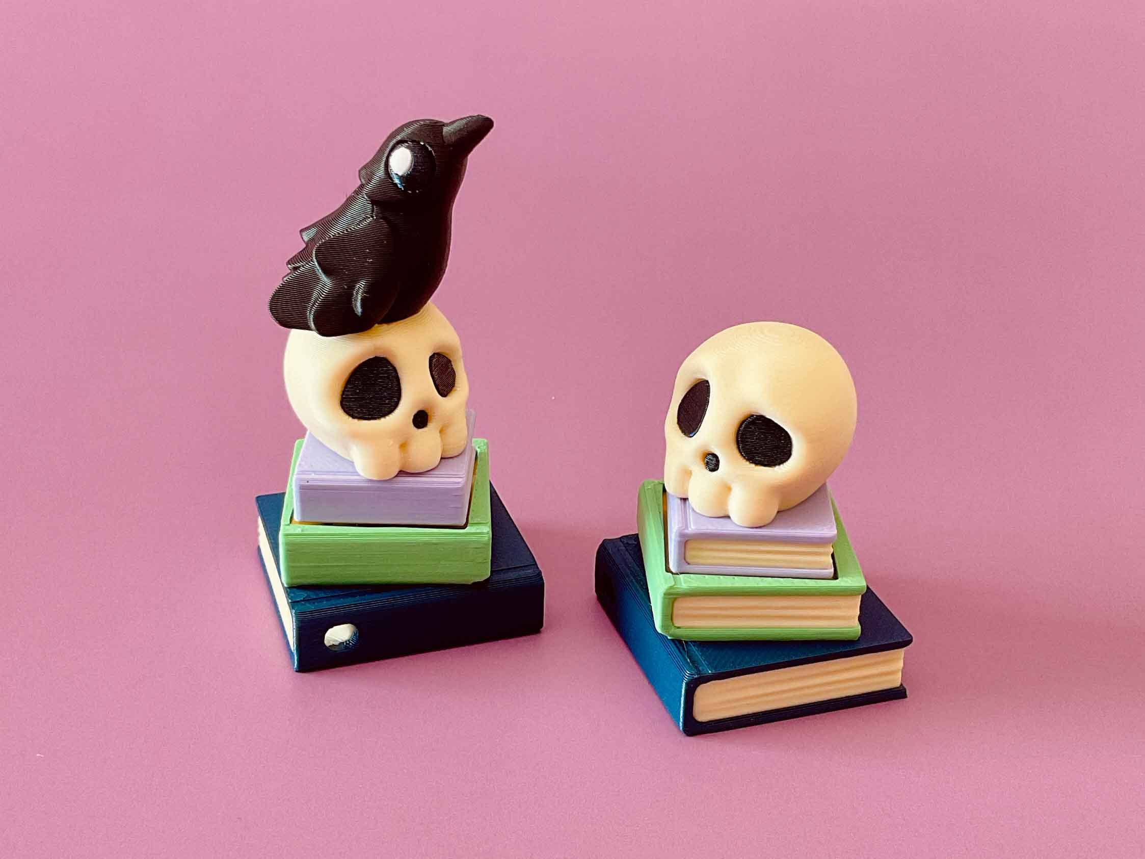 Witch’s Lair Halloween Clicker 3D Printed Fidget Keychain: Raven on Skull on Books