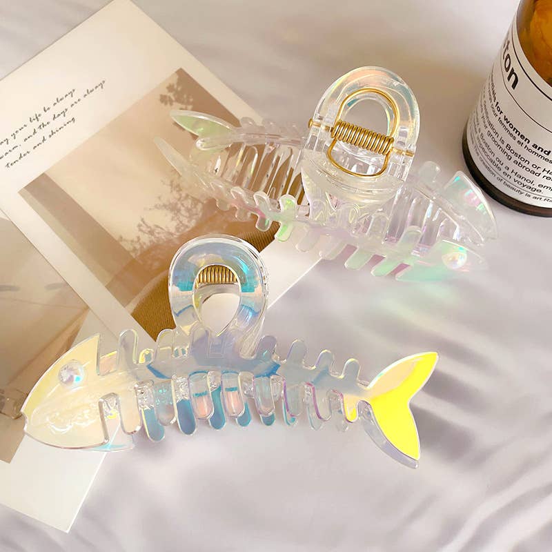 Fishbone Hair Claw Clips with Iridescent Shine: Colorful
