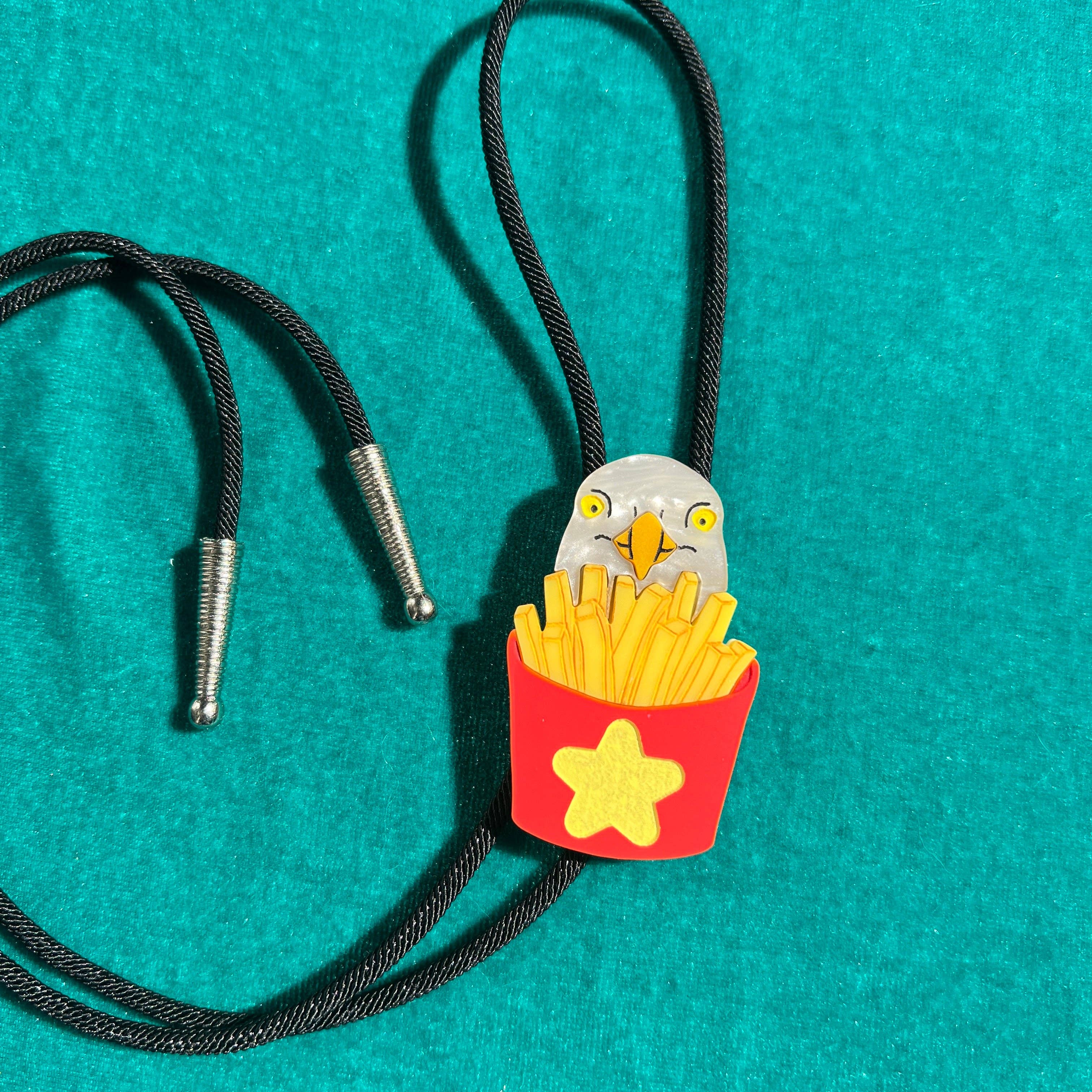 Seagull with fries bolo tie (handmade): 17"