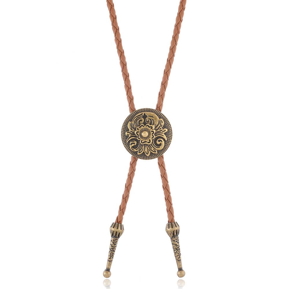 Western Floral Engraved Bolo Tie Necklace