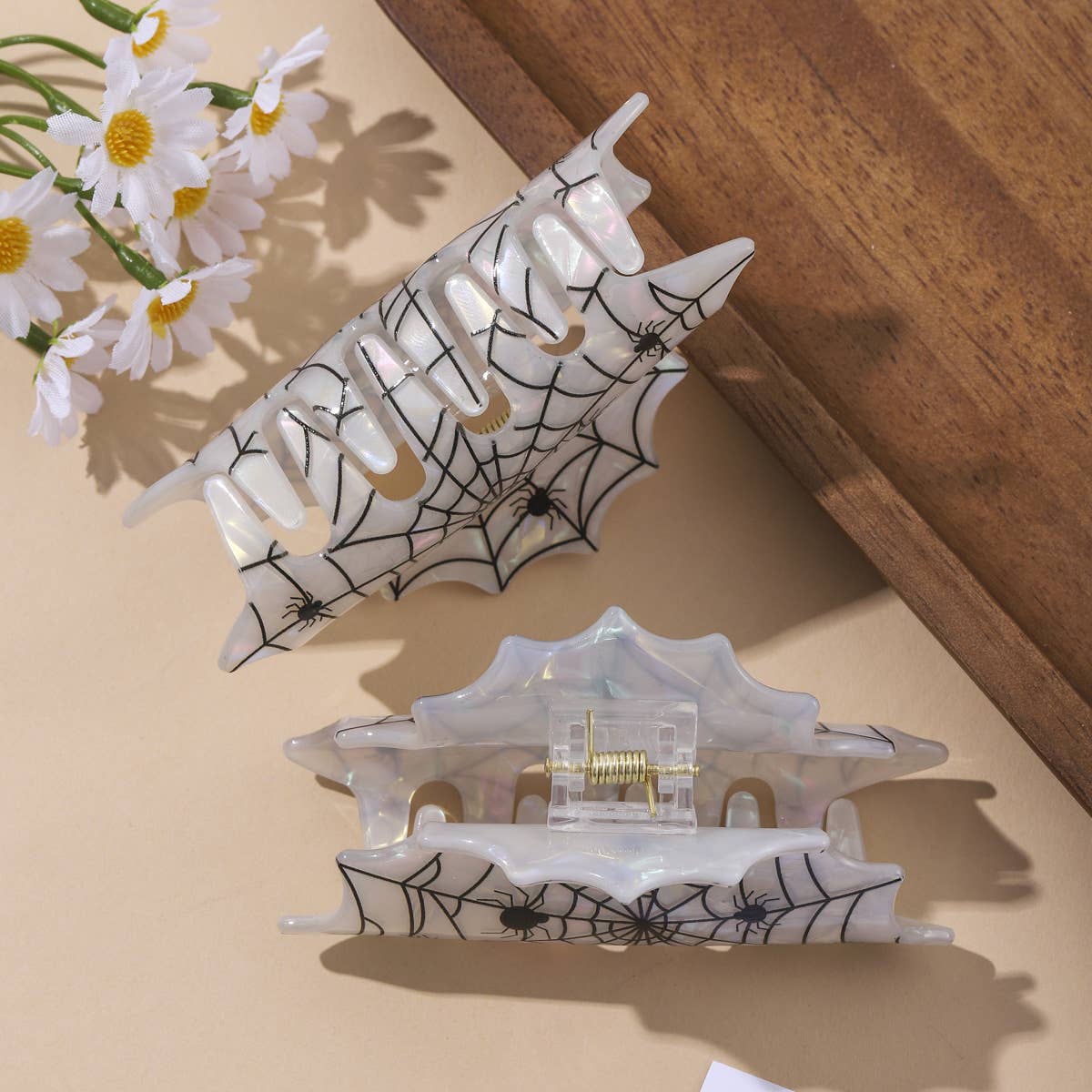 Gothic Spider Web Print Hair Claw Halloween Accessory: White