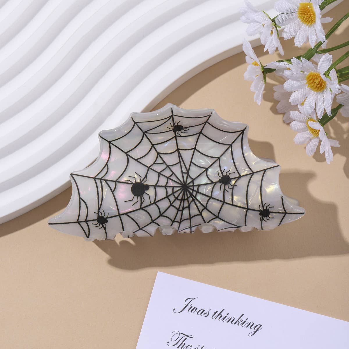 Gothic Spider Web Print Hair Claw Halloween Accessory: White