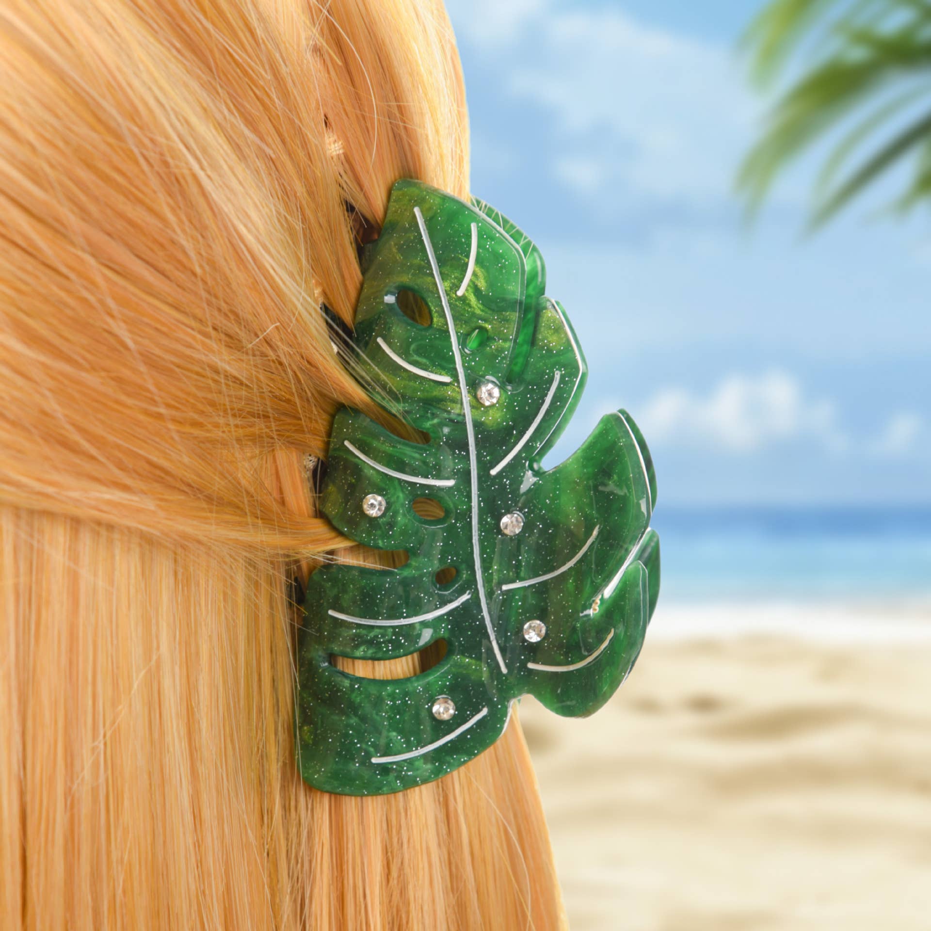 Monstera Deliciosa Leaf Hair Clip with Rhinestones: Green