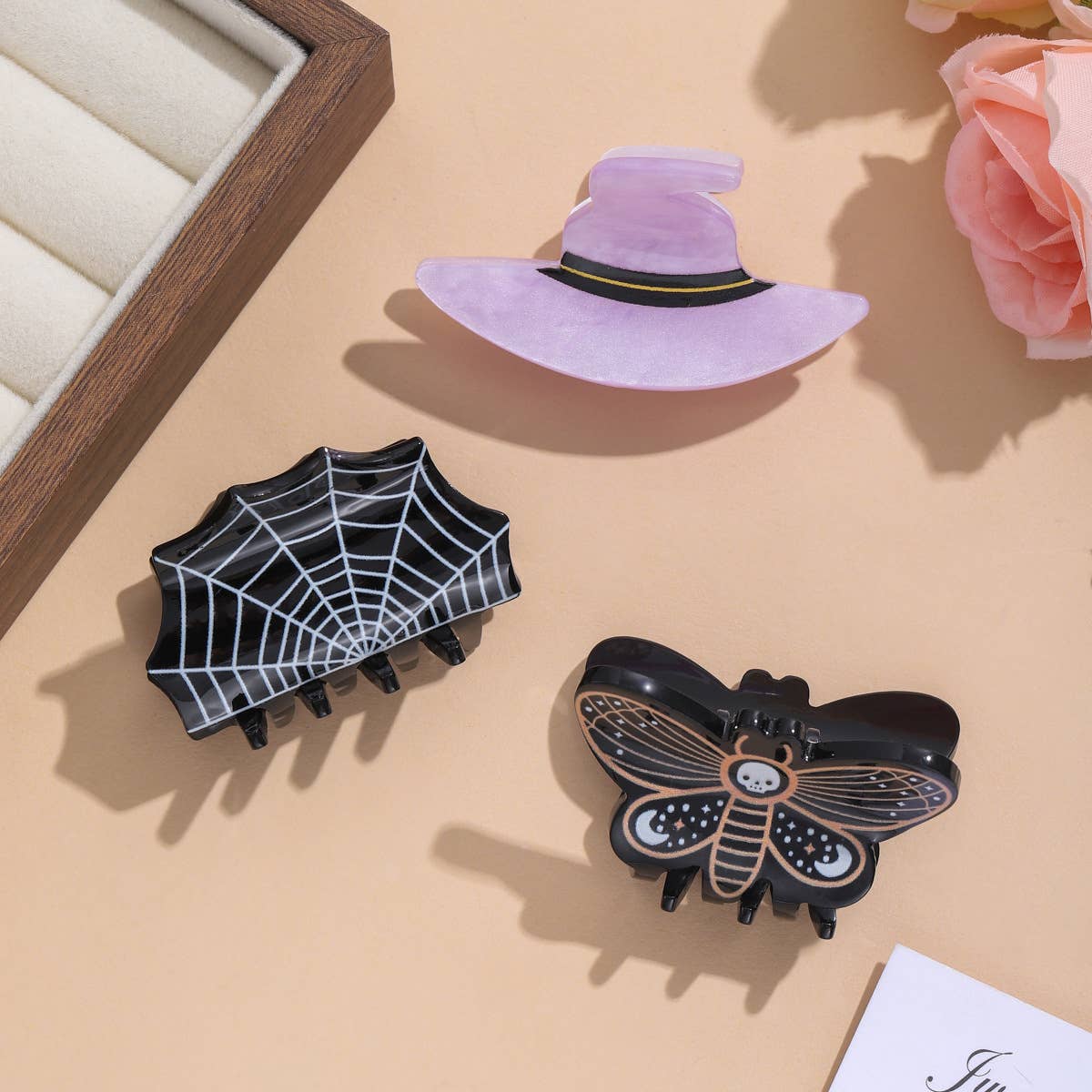 Halloween Witch Hat Spiderweb Hair Claw, Skull Moth Clip: SkullMoth