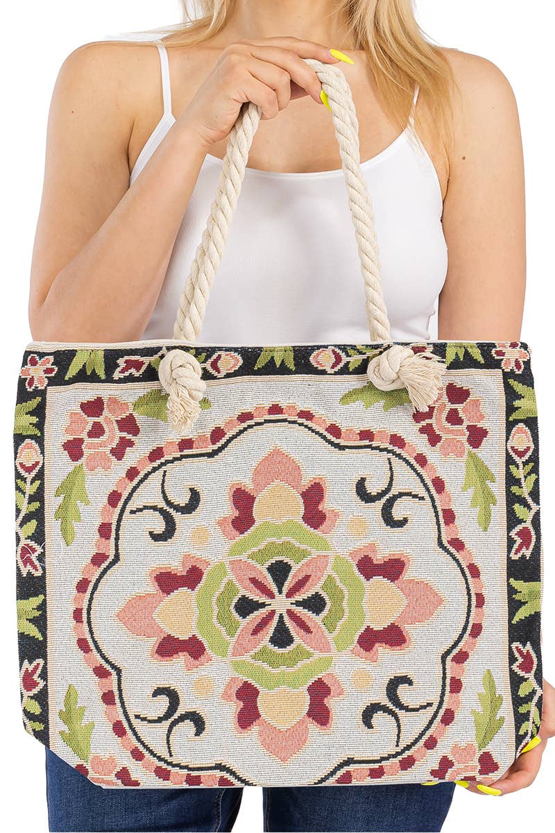 Floral Mandala Tapestry Rope Handle Canvas Tote Bag Madam Clutterbucket's Neurodiverse Universe
