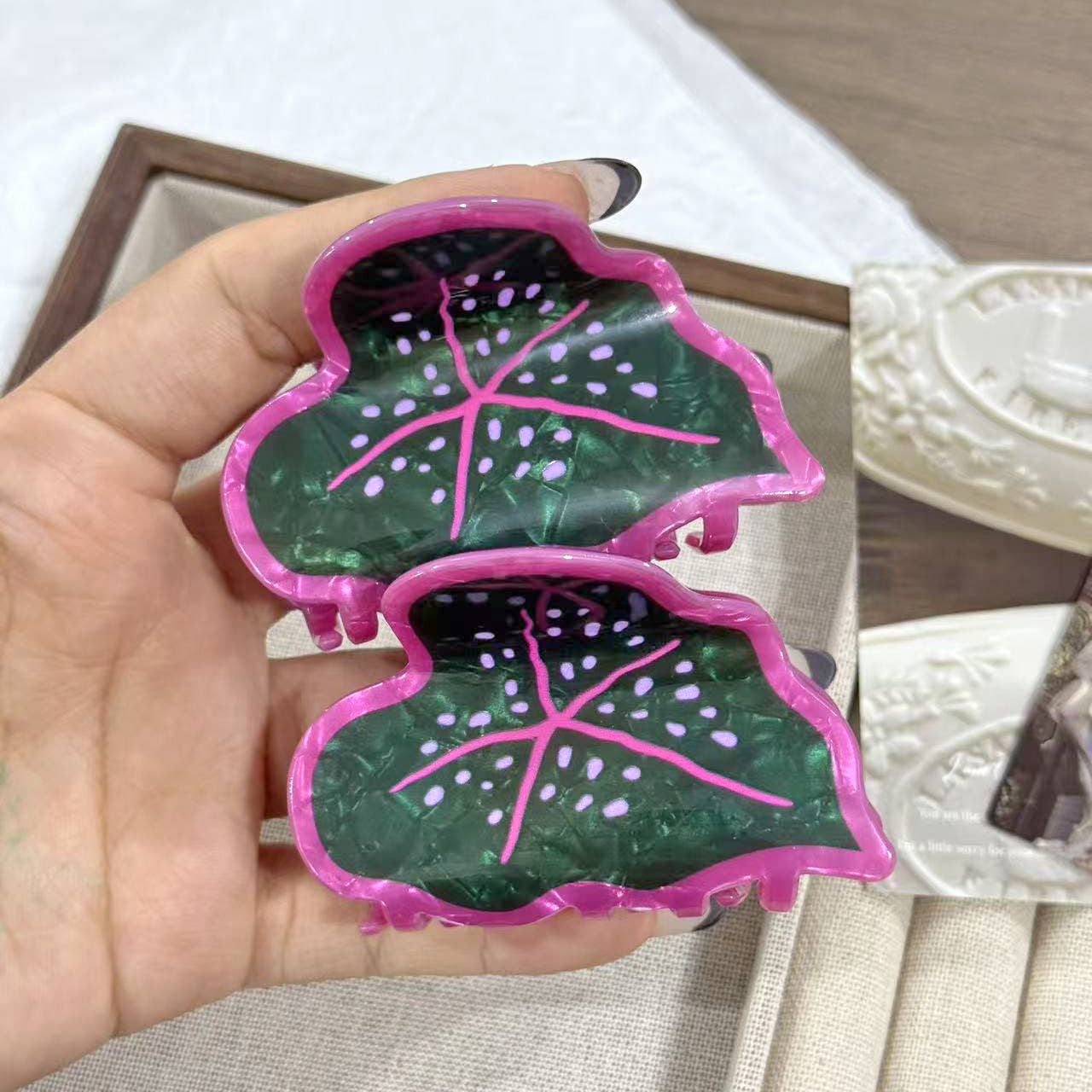 Green & Pink Caladium Leaf Plant Hair Clip