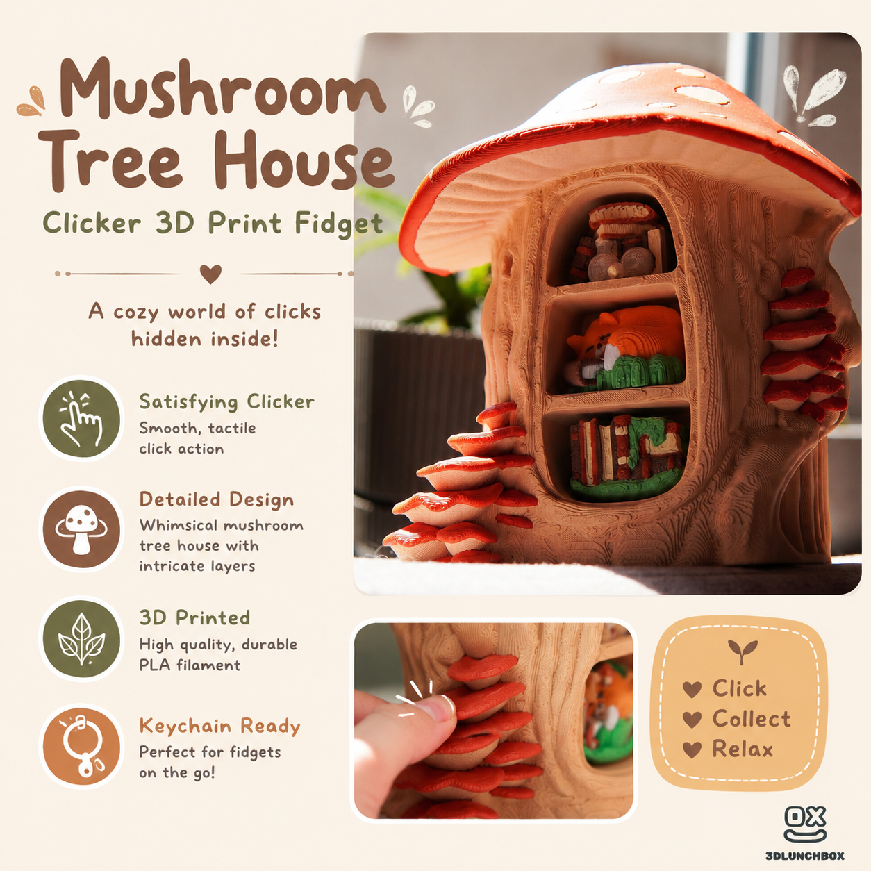 Mushroom Tree House Clicker 3D Print Fidget