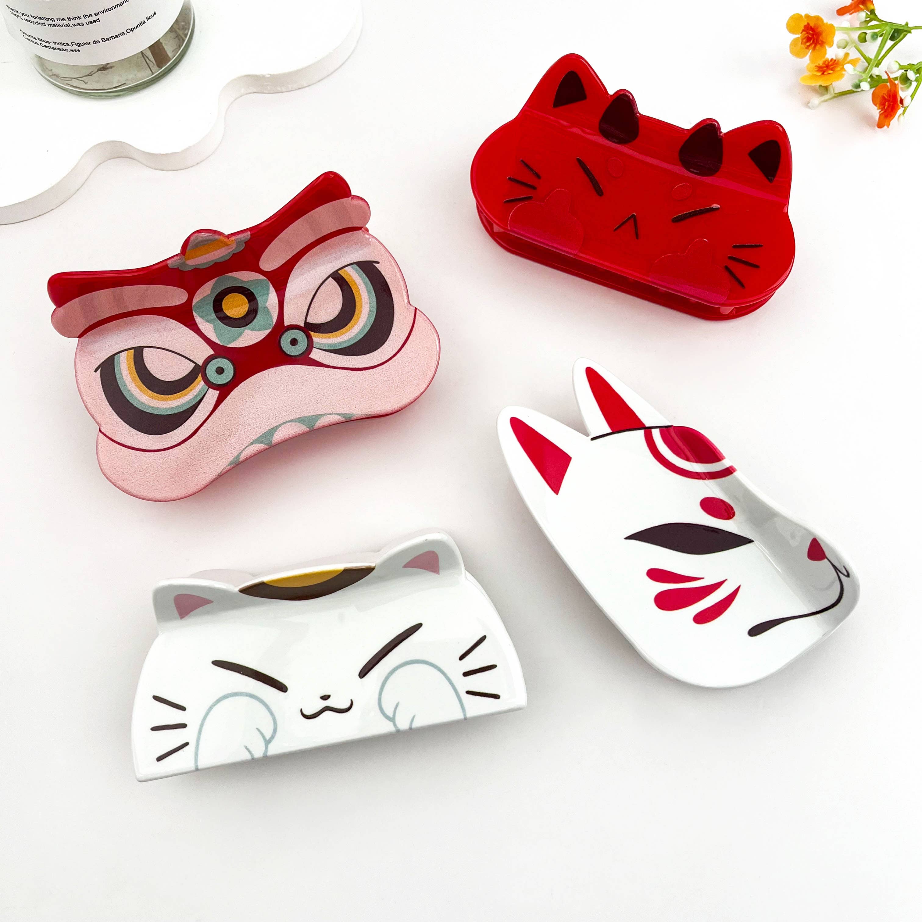 Kawaii Fox White Mask Acetate Hair Claw Clip: Red