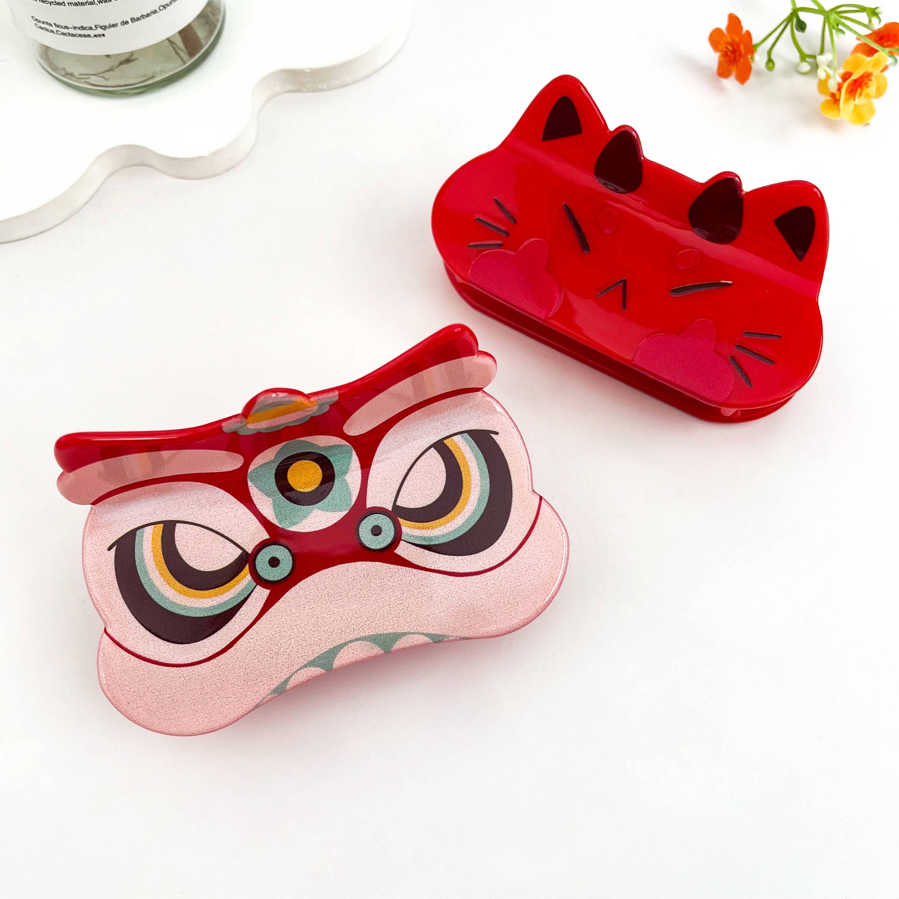 Kawaii Fox White Mask Acetate Hair Claw Clip: Red