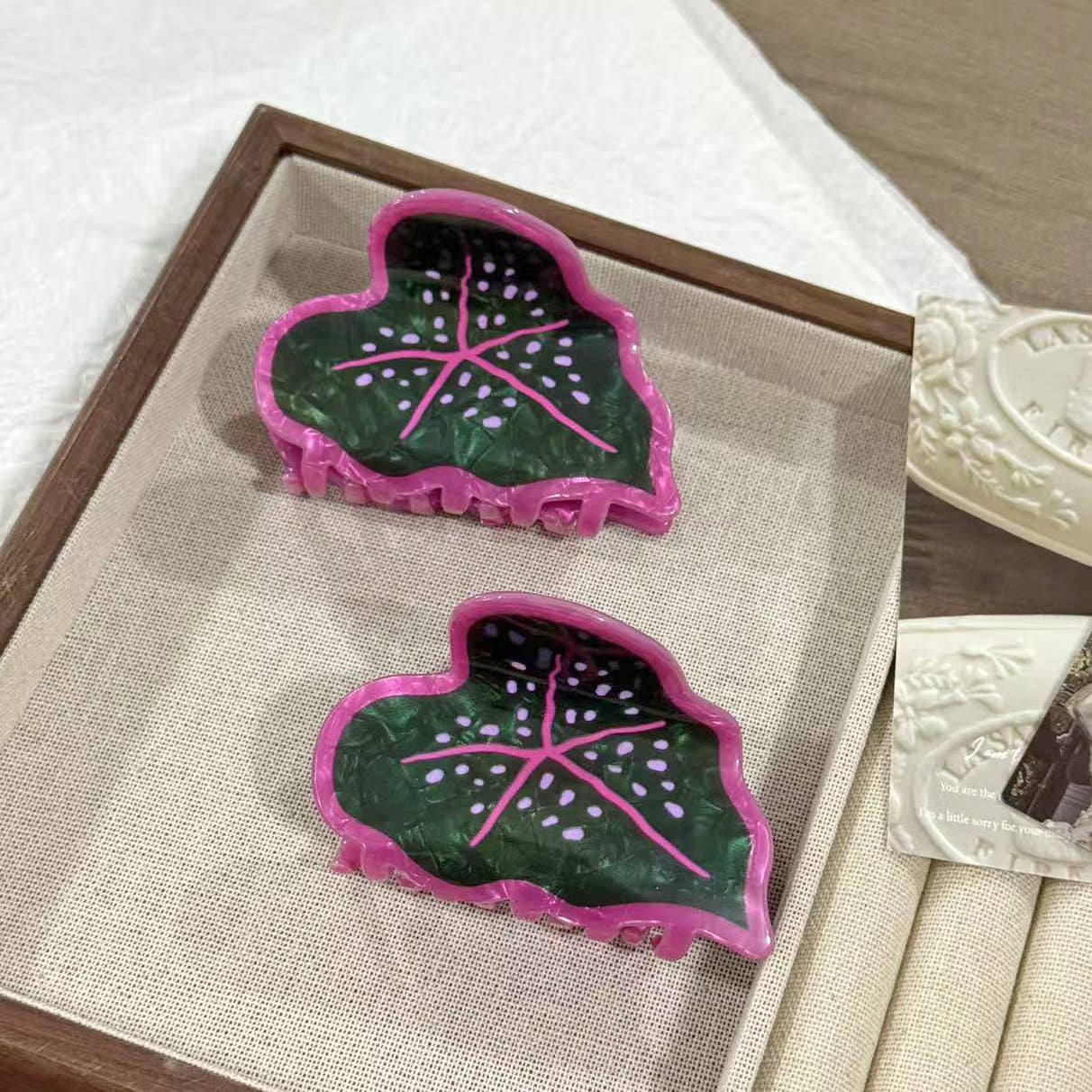 Green & Pink Caladium Leaf Plant Hair Clip