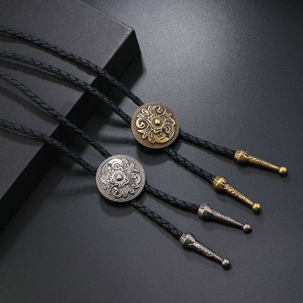Western Floral Engraved Bolo Tie Necklace