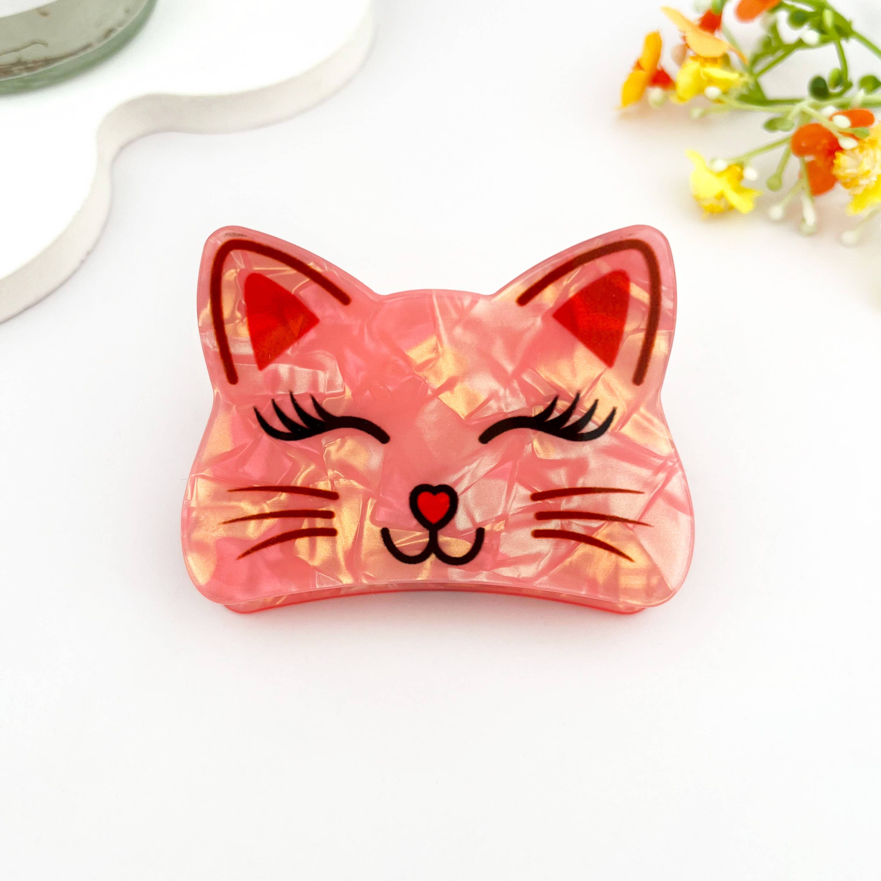 Cute Smiling Cat Print Animal Hair Claw Clip: White