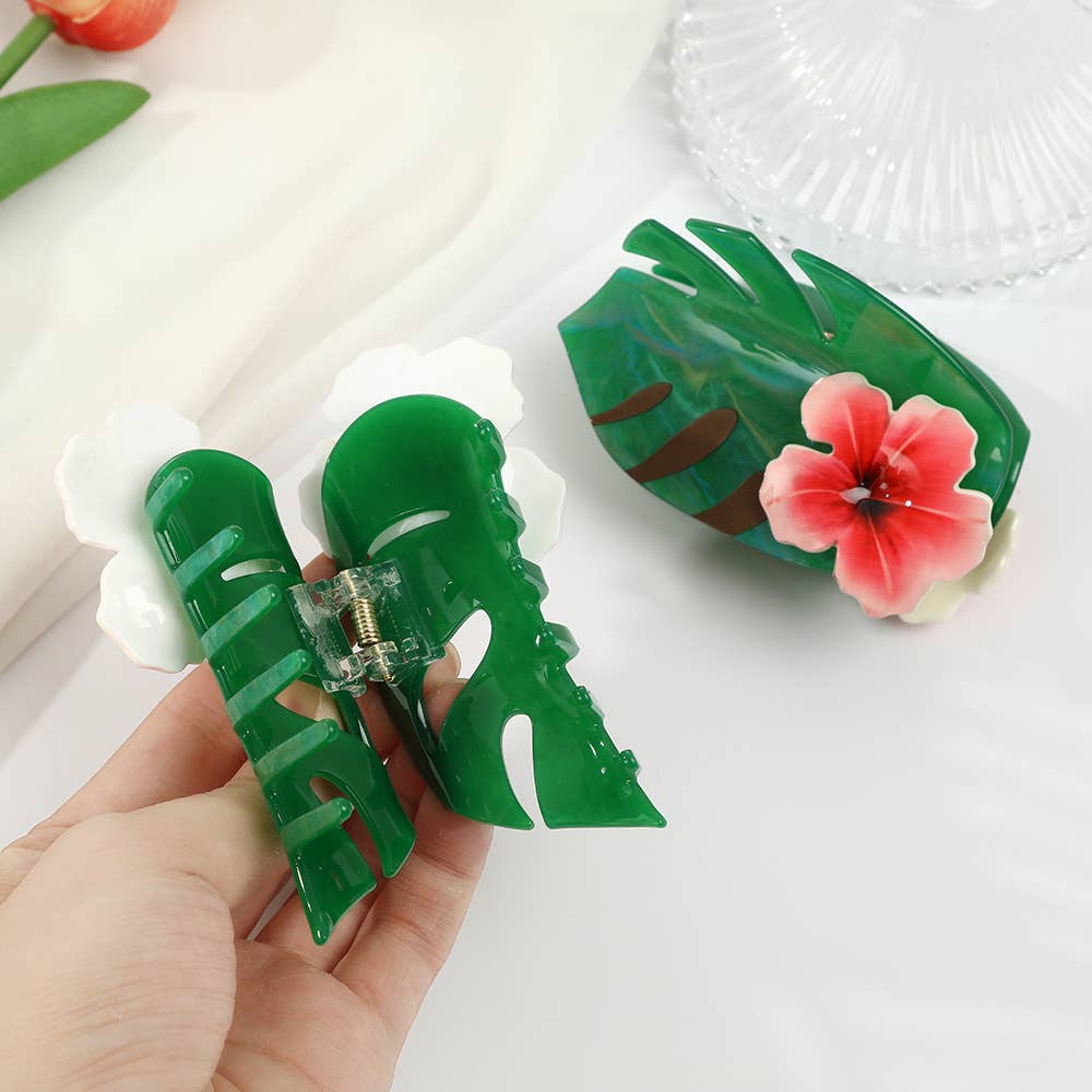 Hibiscus-Embellished Monstera Green Leaf Hair Clip,: B