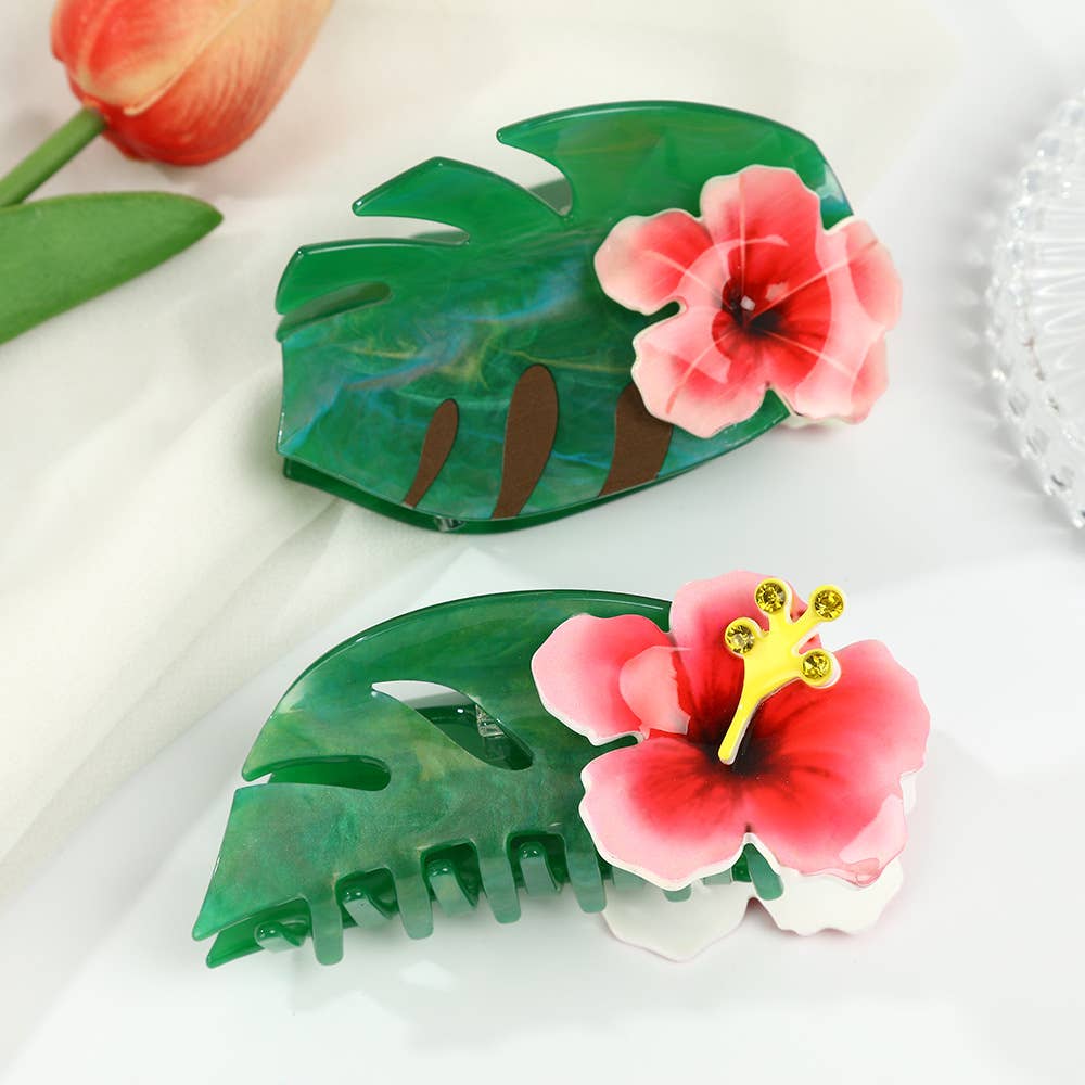 Hibiscus-Embellished Monstera Green Leaf Hair Clip,: B