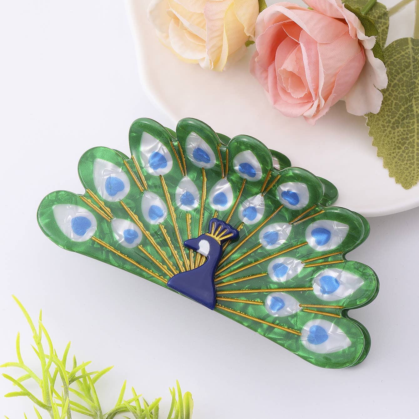 Peacock Feather Hair Clip, Elegant Bird Hair Accessory: Green