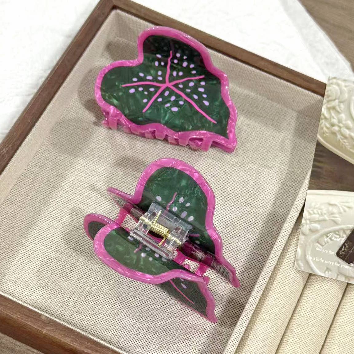 Green & Pink Caladium Leaf Plant Hair Clip
