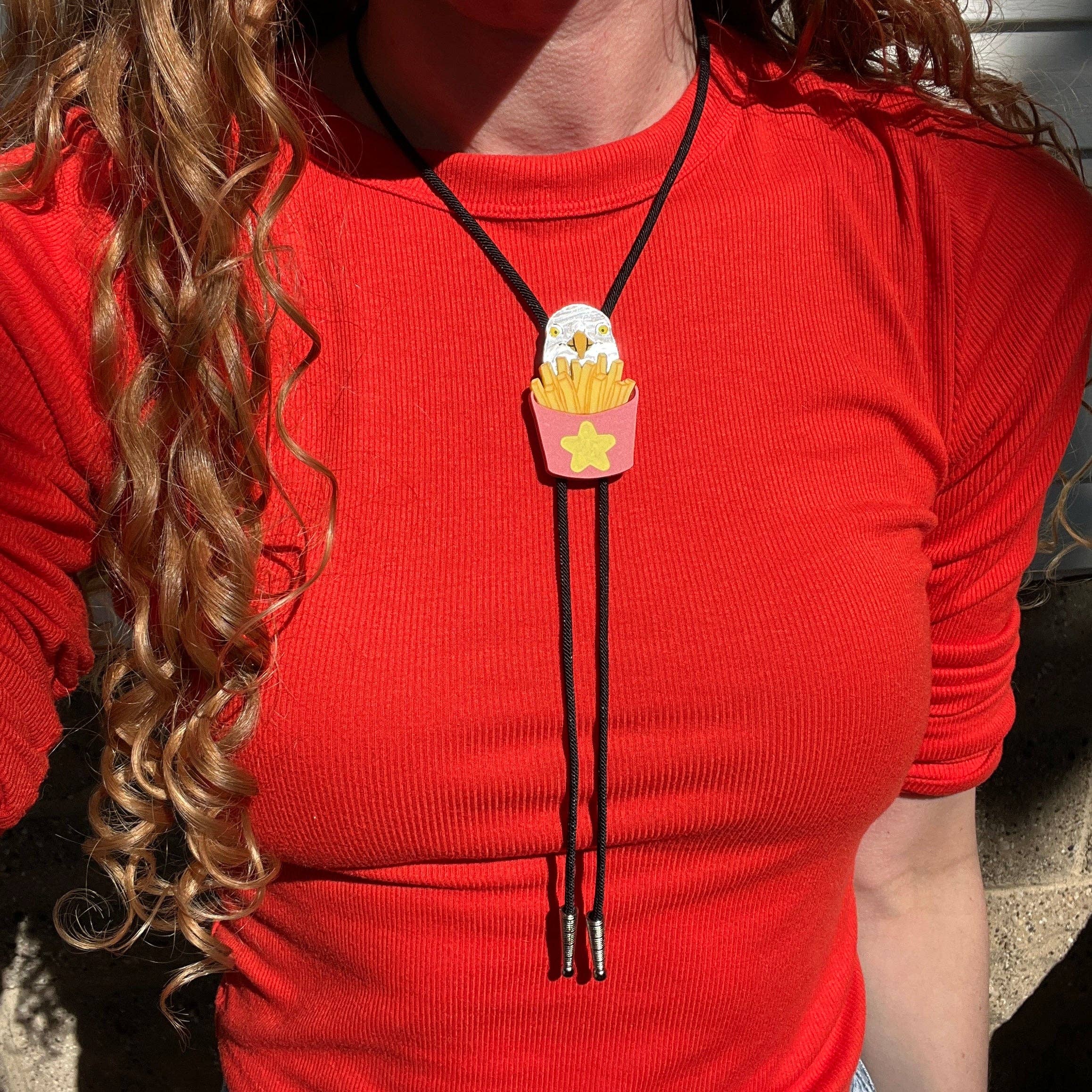 Seagull with fries bolo tie (handmade): 17"