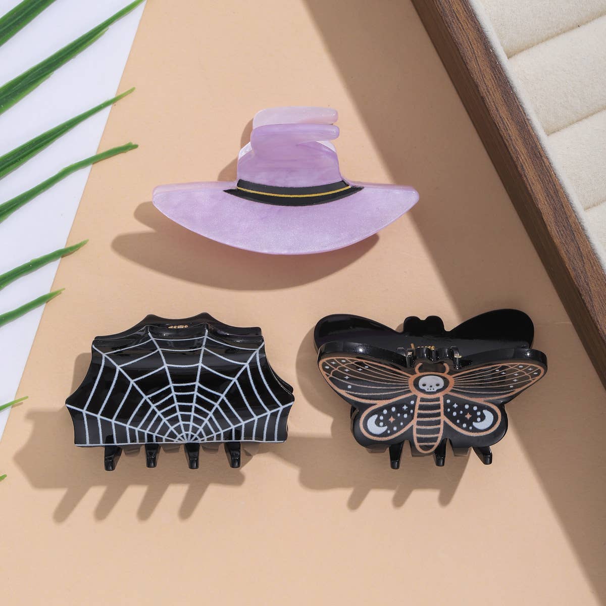 Halloween Witch Hat Spiderweb Hair Claw, Skull Moth Clip: SkullMoth