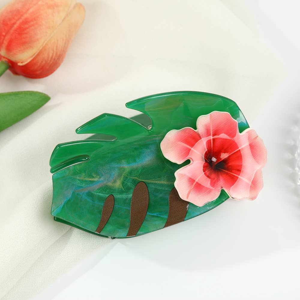 Hibiscus-Embellished Monstera Green Leaf Hair Clip,: B