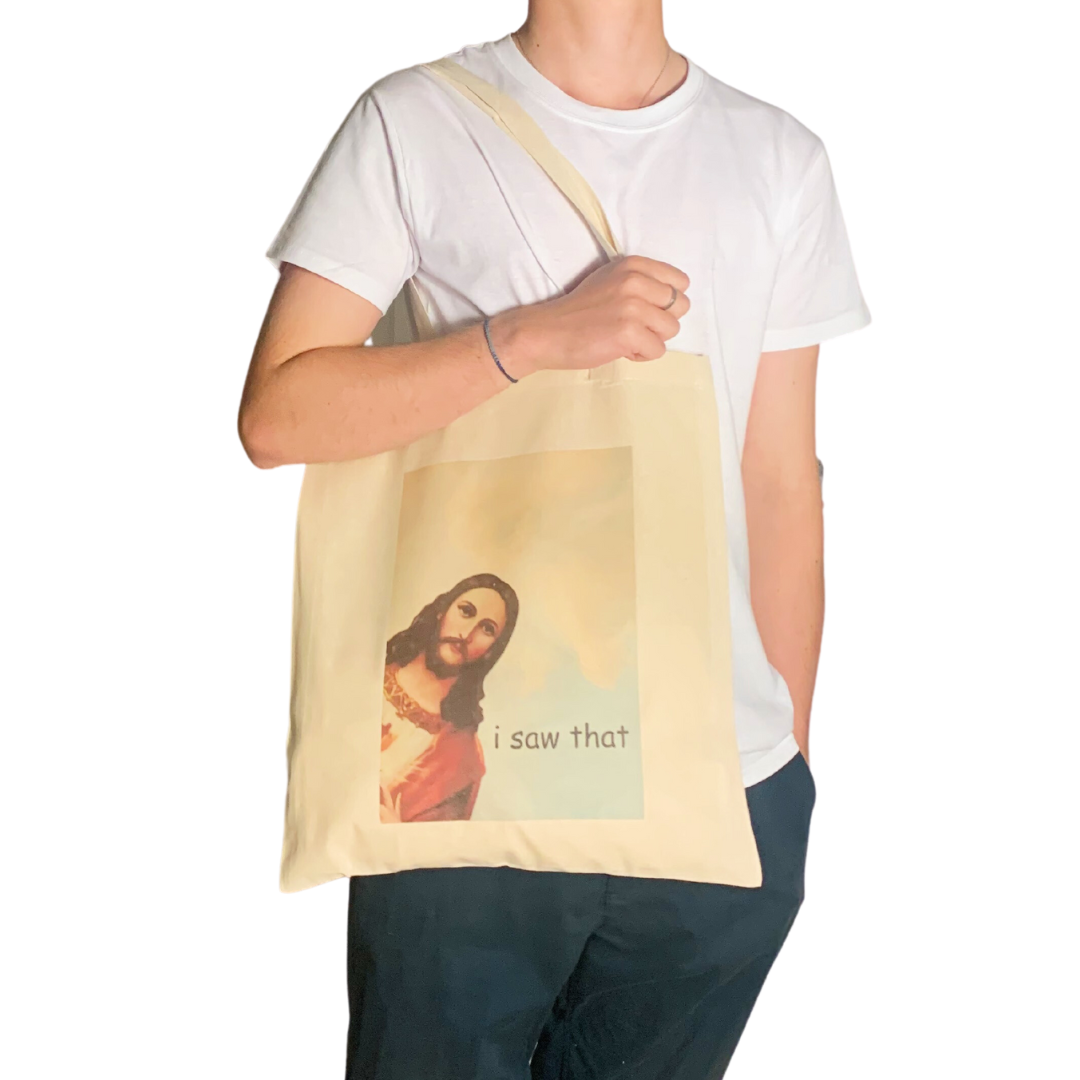 Funny Jesus 'I Saw That' Meme Tote Bag Christian Religion: Black