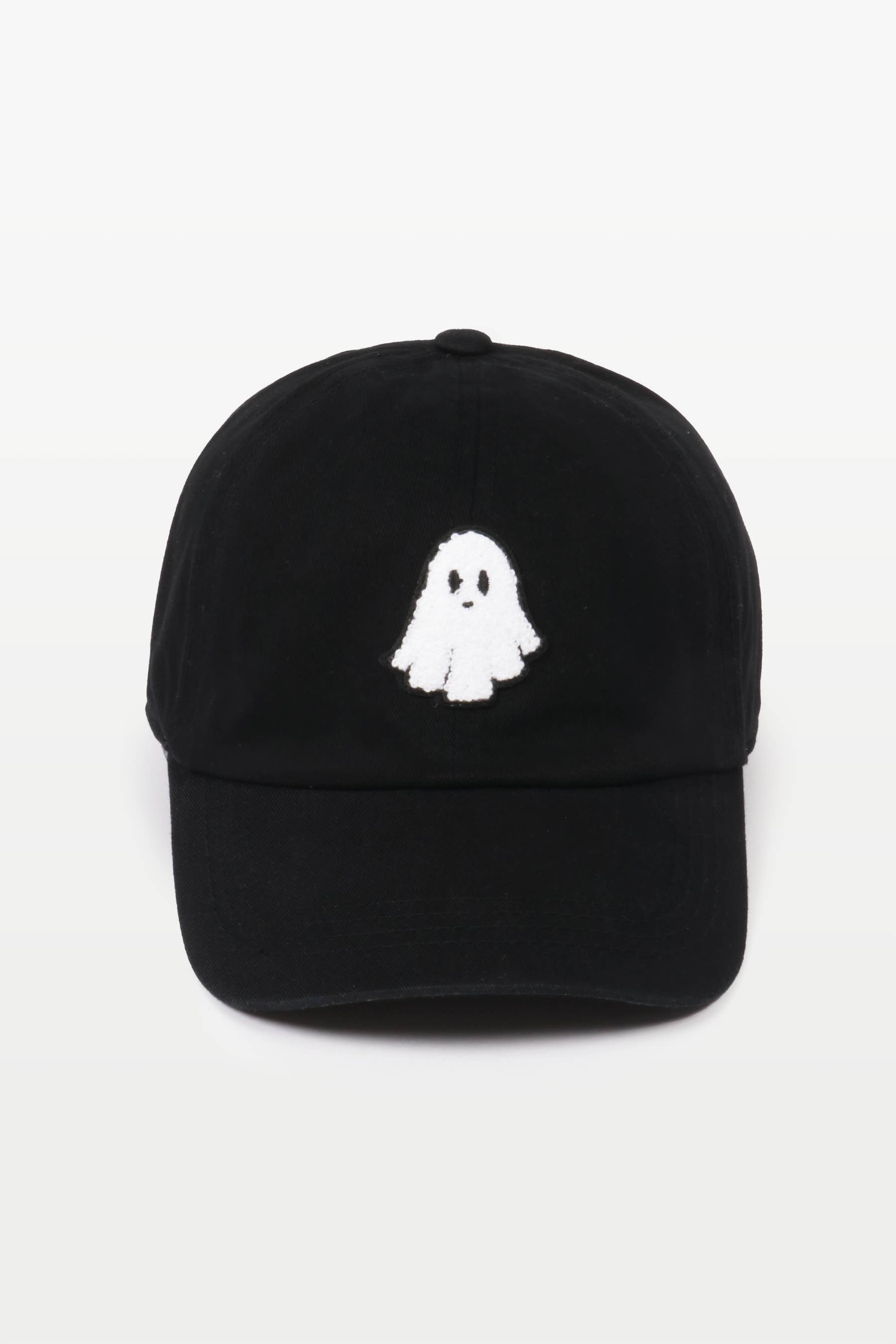 Halloween Ghost Chenille Patch Baseball Cap: Black