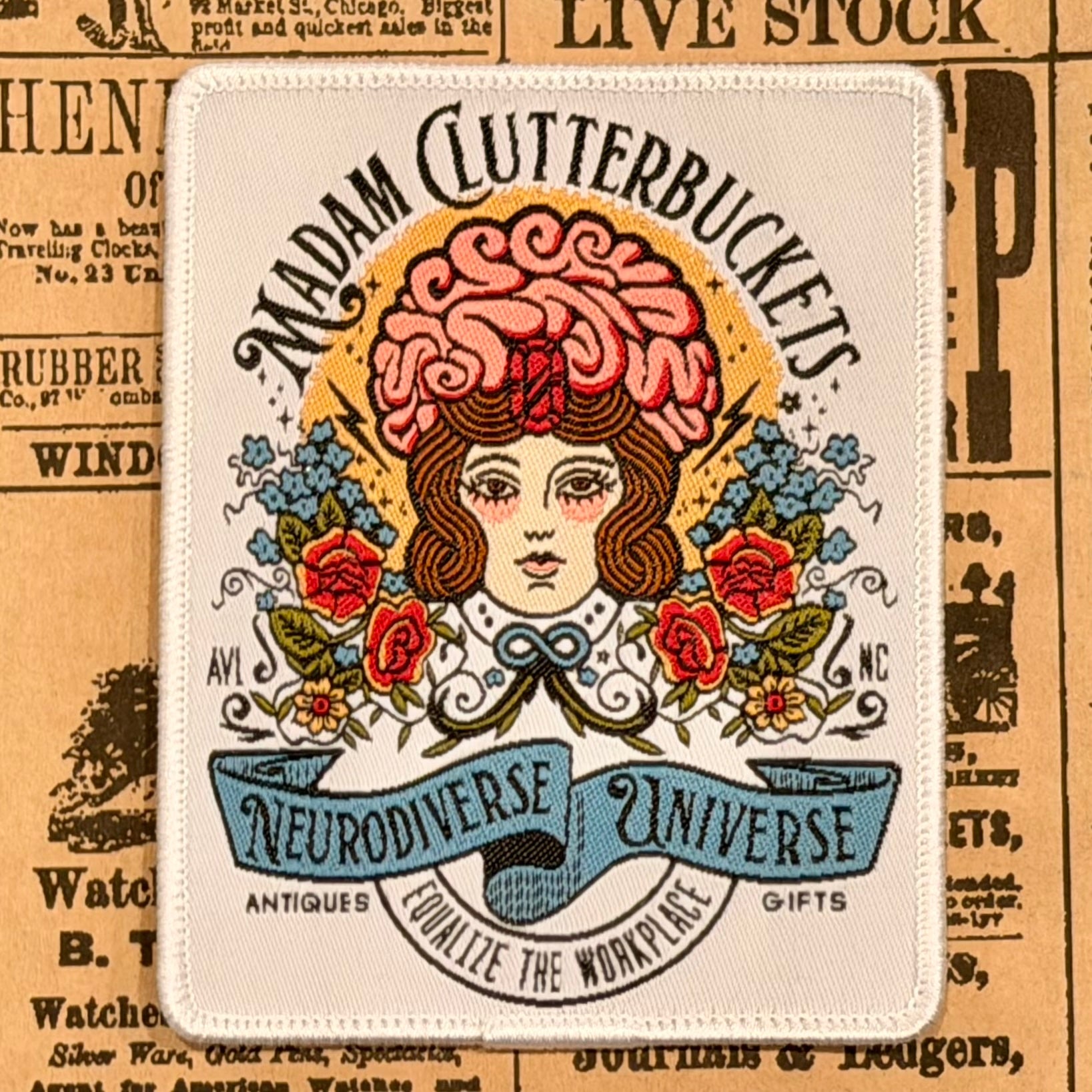 Madam Clutterbucket's Neurodiverse Universe Logo Patch with White Background