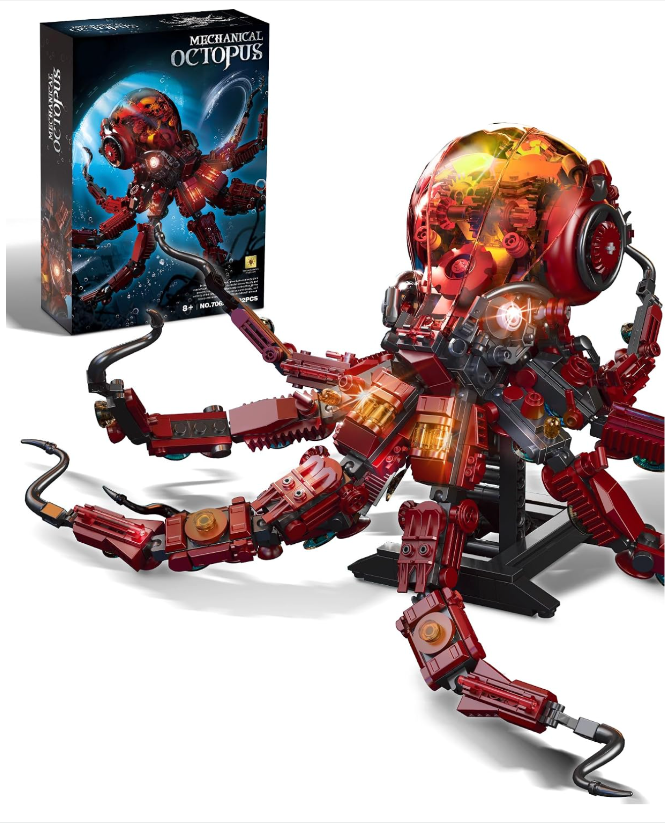 5 Mechanical Octopus Building Sets with Light, Ocean Animal Building Kits for Adults, Compatible with Lego Octopus, 882PCS