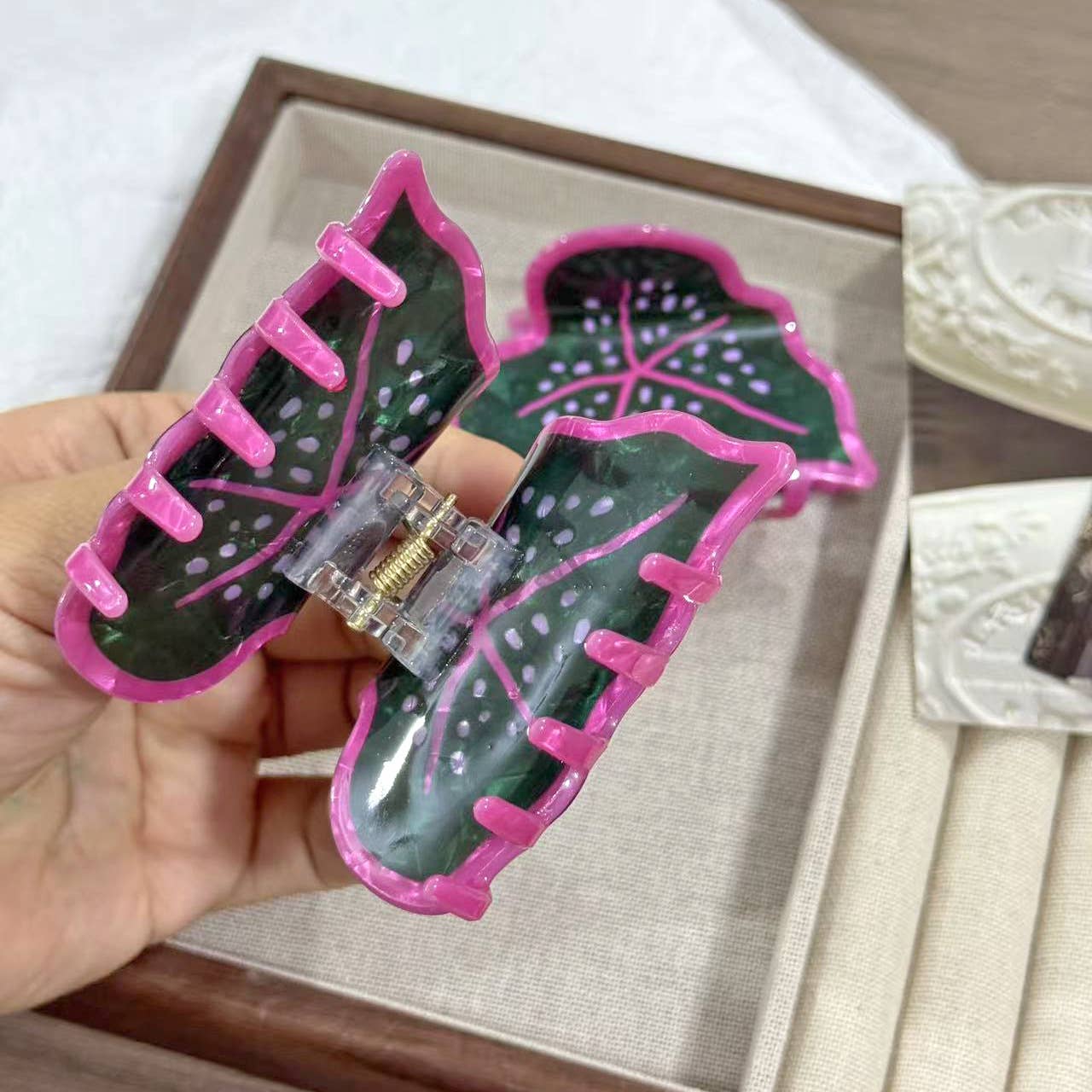 Green & Pink Caladium Leaf Plant Hair Clip
