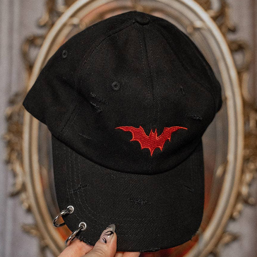 Vampire Bat Pierced Baseball Cap in Red