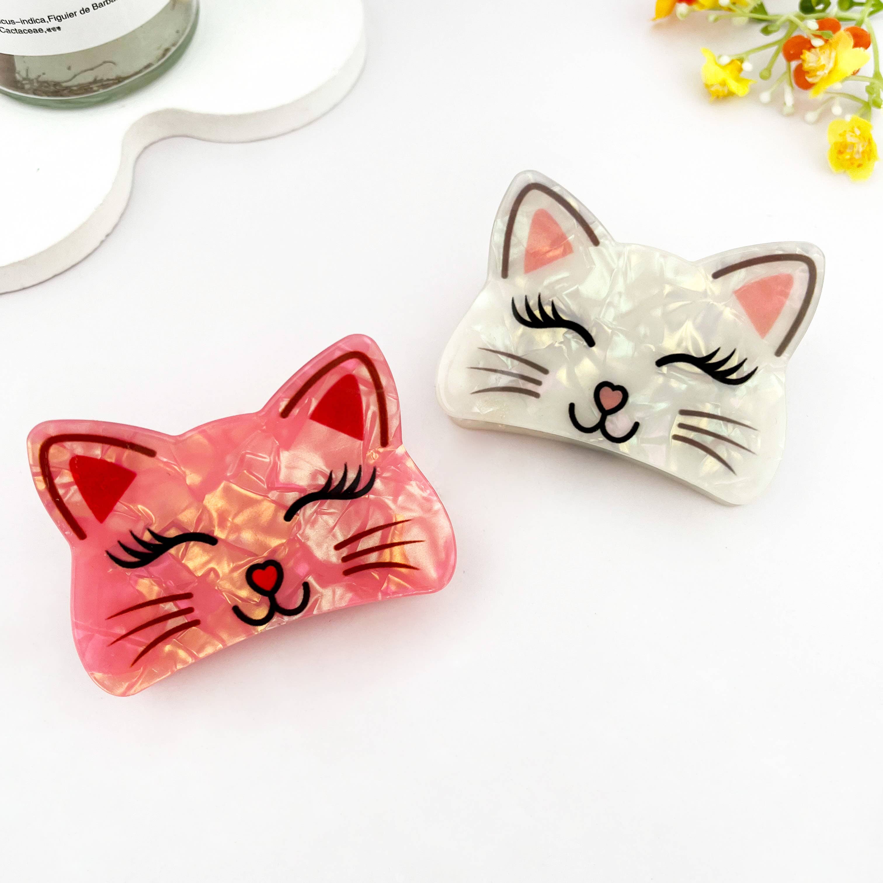 Cute Smiling Cat Print Animal Hair Claw Clip: White