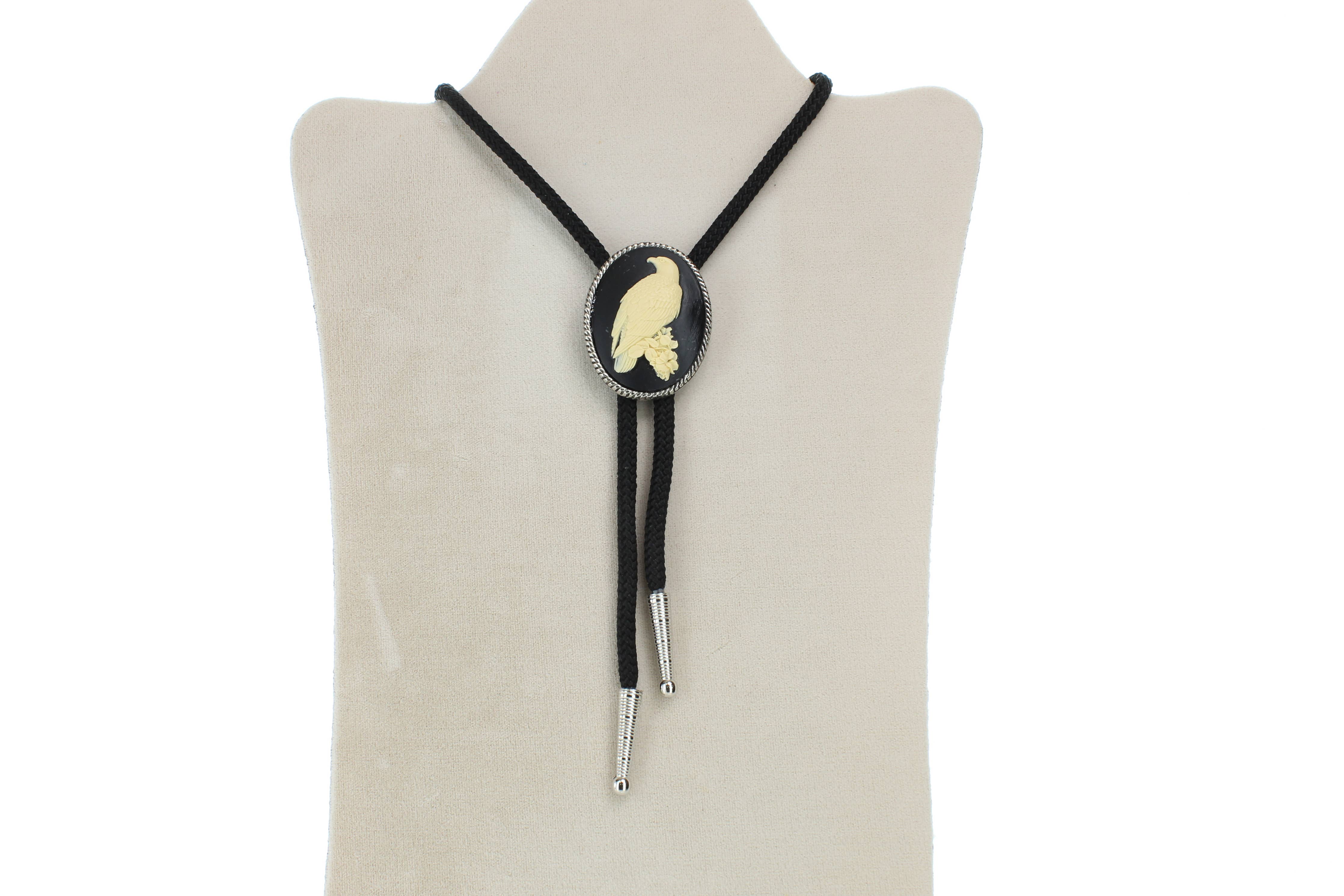 Eagle Cameo Bolo Tie – Western Black Cord with Silver Tips
