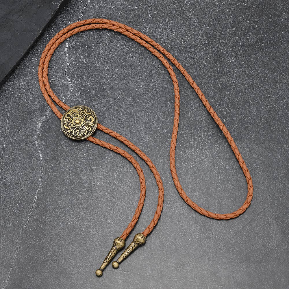 Western Floral Engraved Bolo Tie Necklace