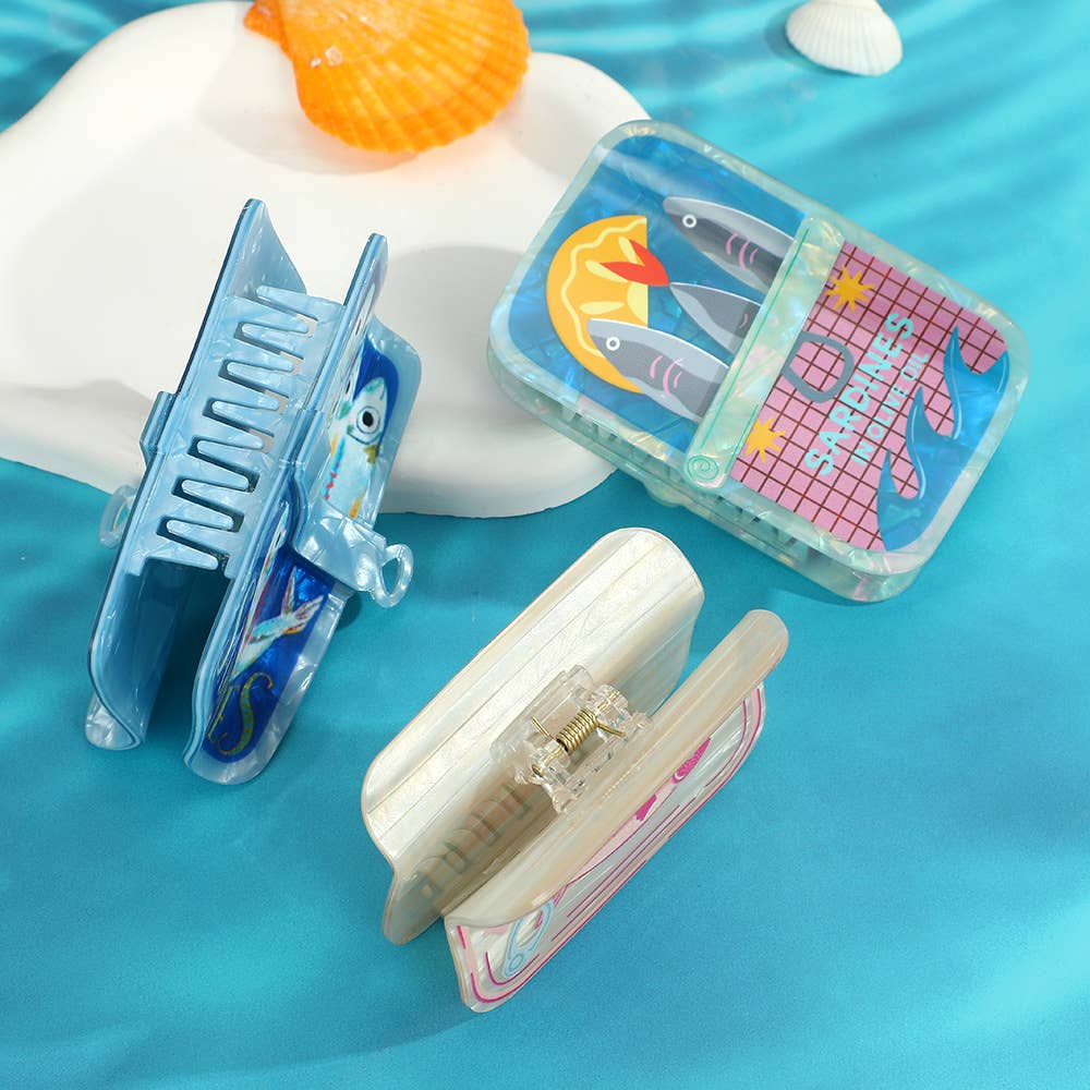 Fun Sardine Can Hair Pattern Hair Claw Clips: Blue