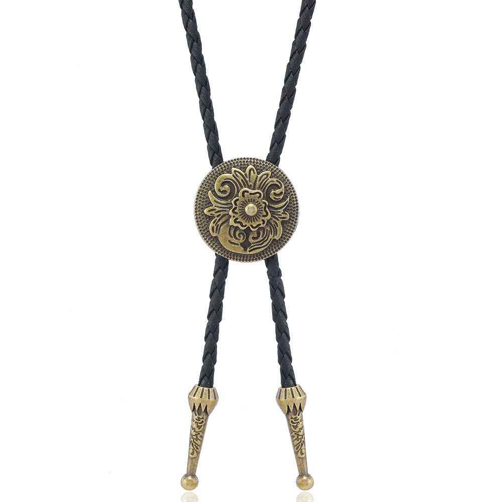 Western Floral Engraved Bolo Tie Necklace