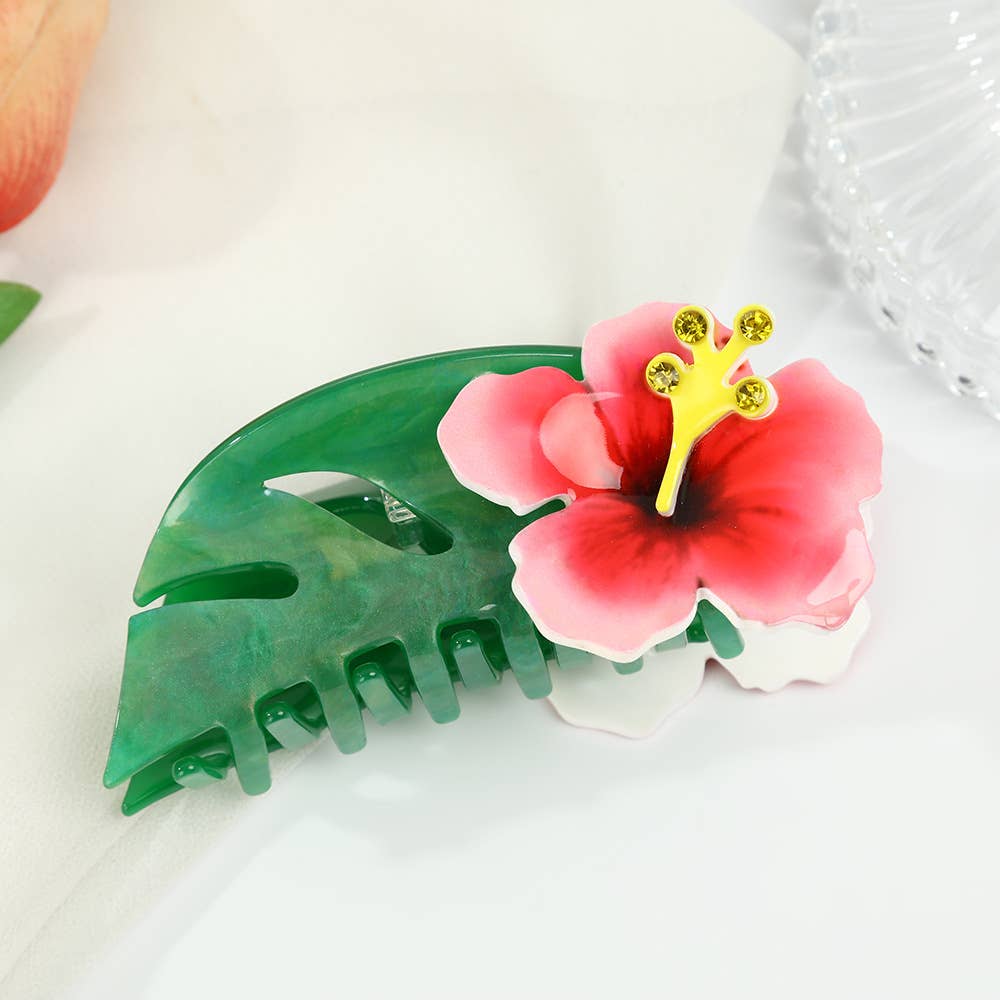 Hibiscus-Embellished Monstera Green Leaf Hair Clip,: B