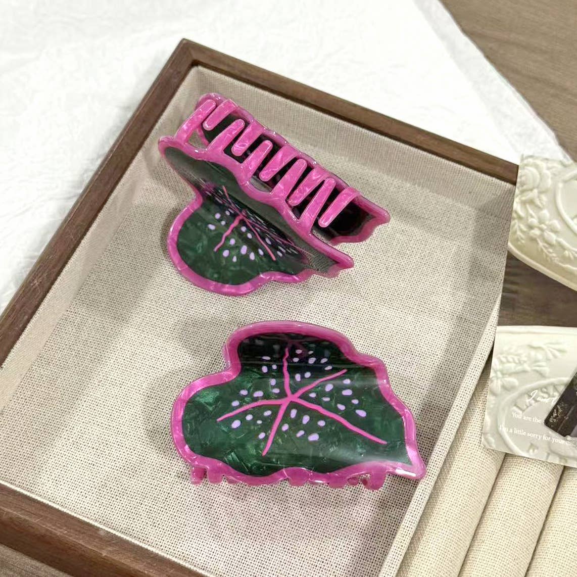 Green & Pink Caladium Leaf Plant Hair Clip