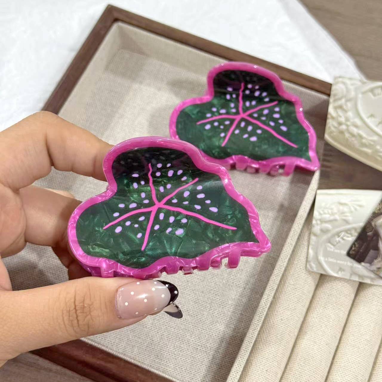 Green & Pink Caladium Leaf Plant Hair Clip