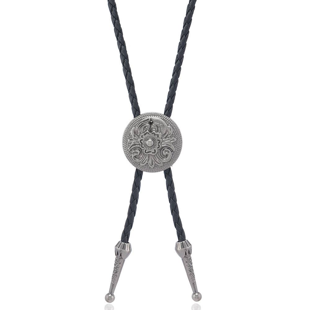 Western Floral Engraved Bolo Tie Necklace