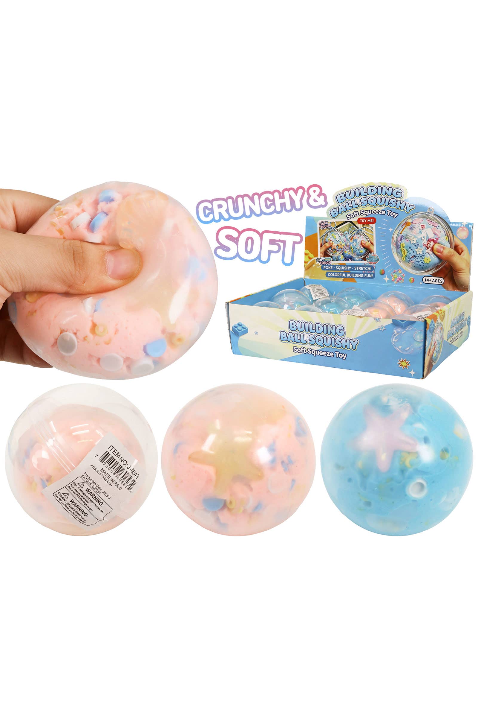 Coastal Block Bead Soft Crunchy Clay Filled TPR Squishy Ball: ASSORTED / ONE SIZE