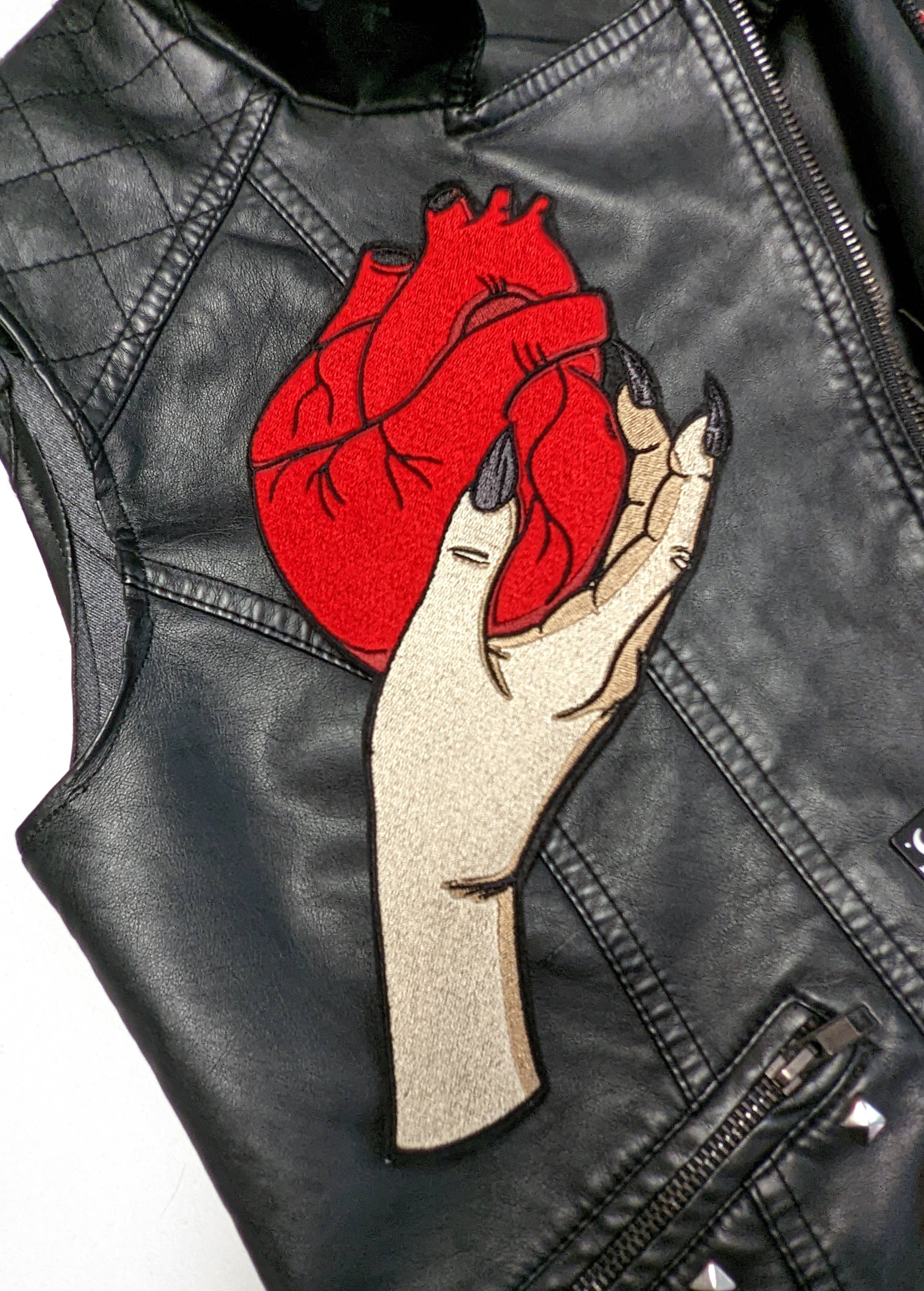 Large Vampire Hand Holding Heart Embroidered Back Patch