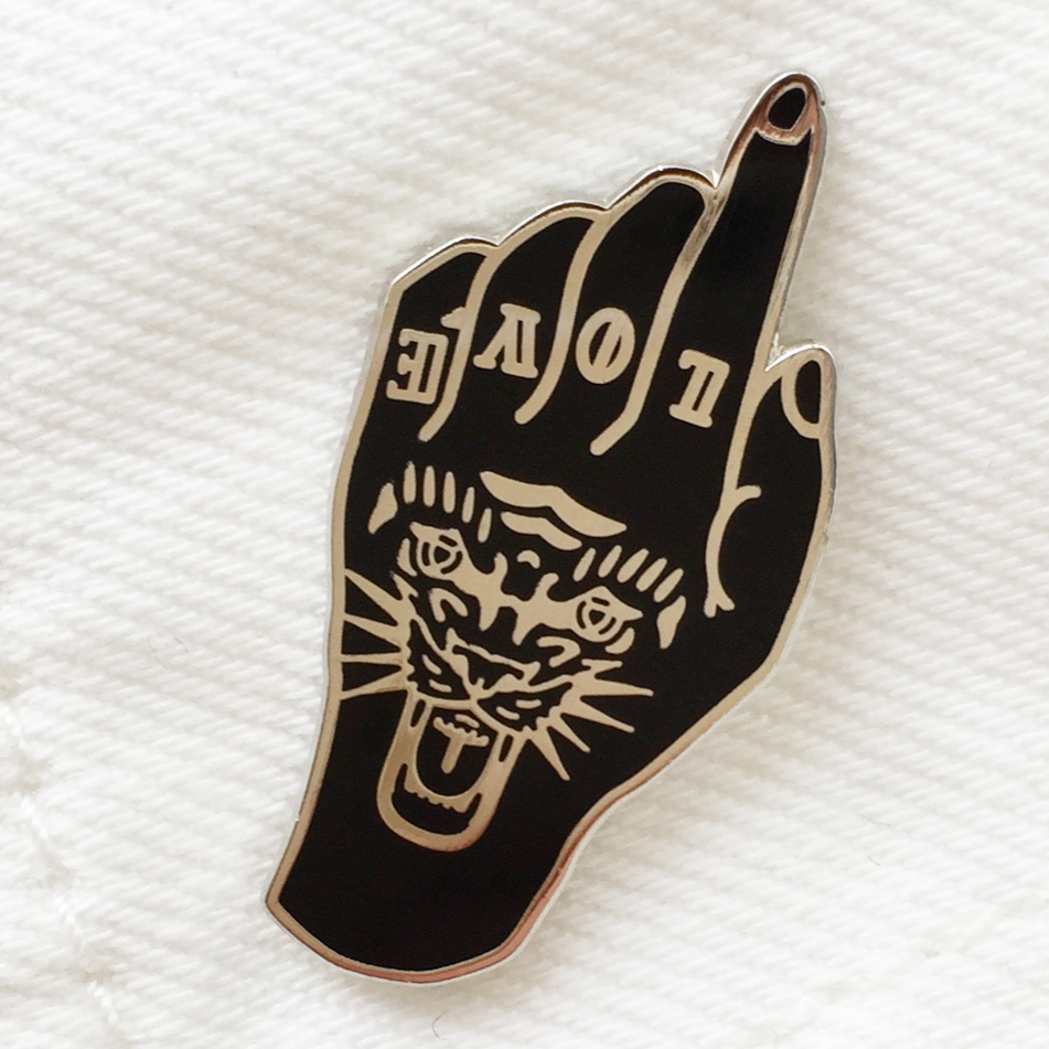 Tiger Love Tattoo Hand Enamel Pin Badge - Black/Silver