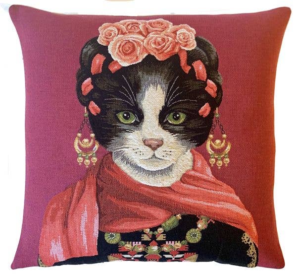 18"x 18" Kahlo Portrait | Cat Portrait | Cat Lover Gift | Cat Pillow