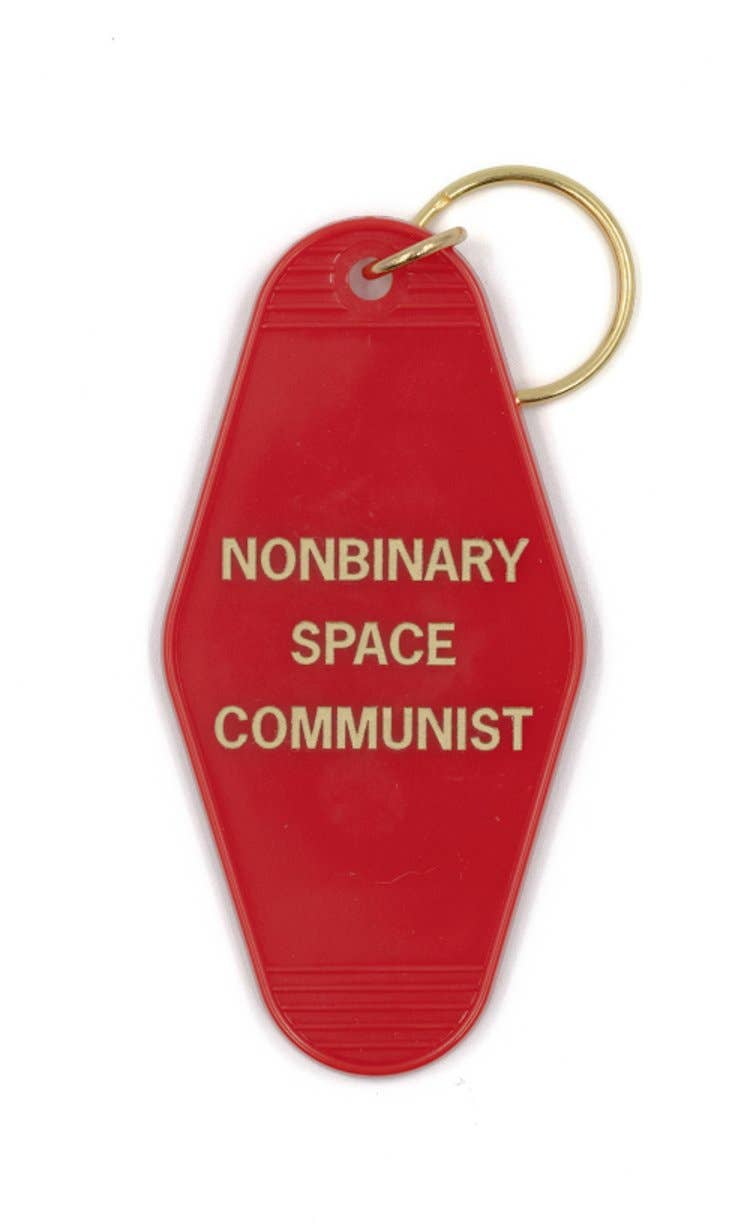 Nonbinary Space Communist Motel Style Keychain in Red & Gold